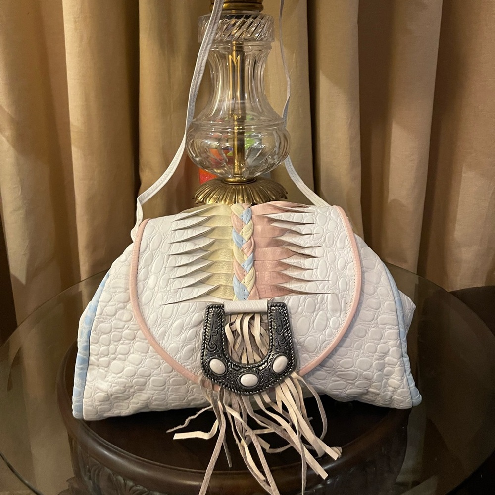 White Multicolor Braided Fringe Shoulder Bag